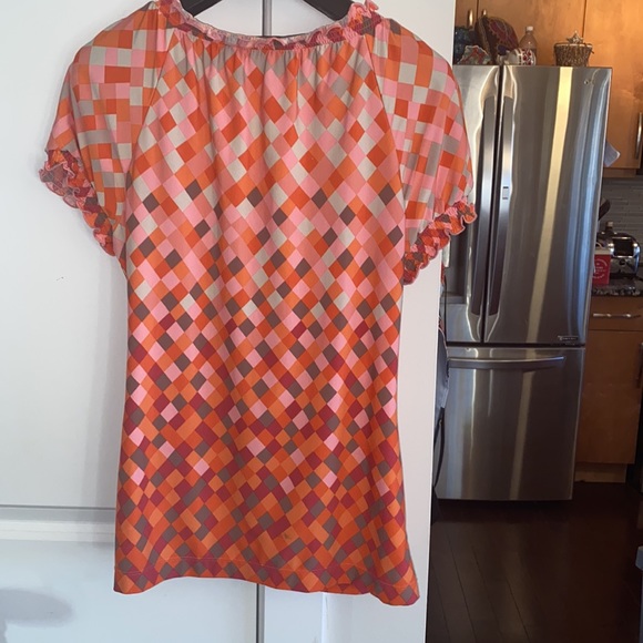 BCBG MAXAZRIA Chic Orange Square Geometric Print Stretch Blouse - Picture 2 of 7